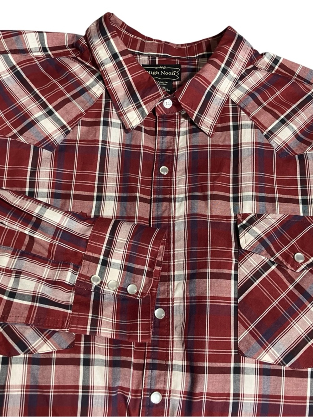 VTG High Noon Men's Pearl Snap Western  Shirt 2XLT Plaid LongSleeve White,Burg.